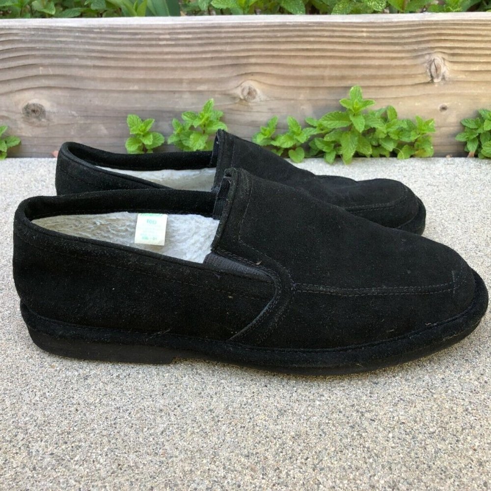 HABAND Vintage Leather Suede Men's 10 Slip On Slippers Shoes Sherpa Lined Black 